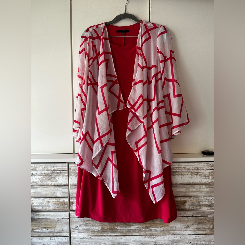 ❤️ Tiana B Red Dress Sheer Geometric Kimono Overlay Size 10